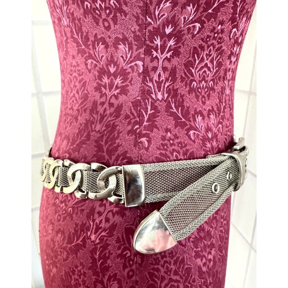Vintage Heavy Weight Metal Mesh Chain Link Belt With Adjustable Fit Silver Tone main image 6